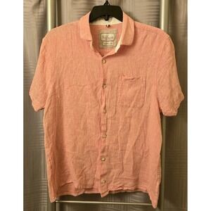 Bruno Positano Men Washable Linen Shirt Medium Pink Solid Short Sleeve Button Up